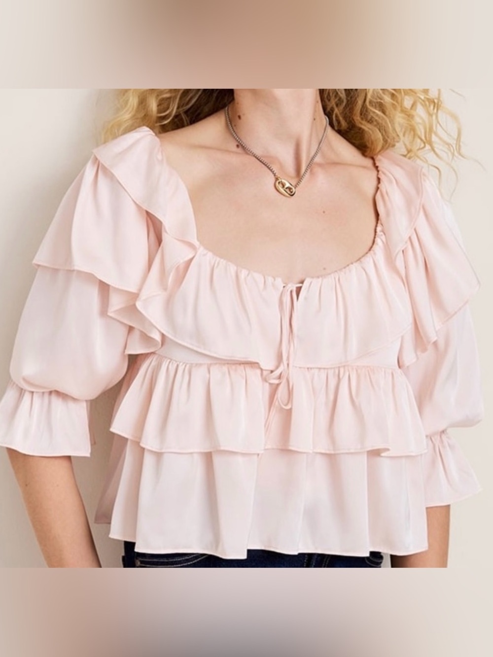 Francesca’s Ella Ruffle Tiered Satin Blouse Light Pink Coquette Balletcore